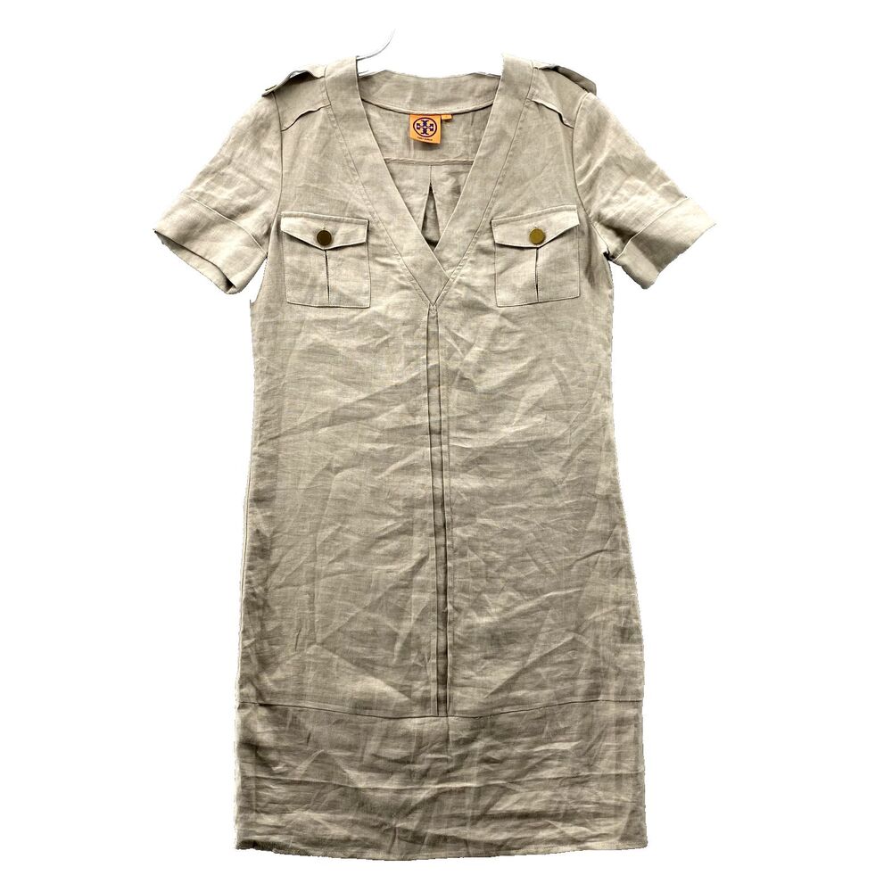 Tory Burch Dress Women's 2 Khaki V-Neck Linen Shift Classic core Safari Office